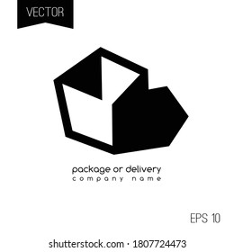Logo o icono de la compañía de empaque o entrega. Caja de cartón negra aislada sobre fondo blanco.