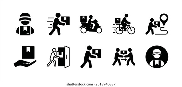 Package delivery courier flat icon set. Parcel shipping or shipment service. Containing man, motorcycle, bicycle, tracking, receive packet, human give cardboard box. Vector illustration