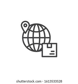 Package delivery destination line icon. Order tracking linear style sign for mobile concept and web design. Globe with parcel box and map pin outline vector icon. Symbol, logo illustration. 