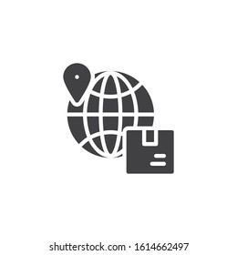 Package delivery destination vector icon. Order tracking filled flat sign for mobile concept and web design. Globe with parcel box and map pin glyph icon. Symbol, logo illustration. Vector graphics