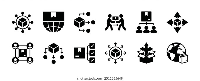 Paket Lieferung Verteilung flach Symbol-Set. Globale Versandverbindungsnetzwerkgeschäft, Versandprozessmanagement. Enthaltend Hierarchie, Struktur, Mechanismus, Prozedur. Vektorgrafik