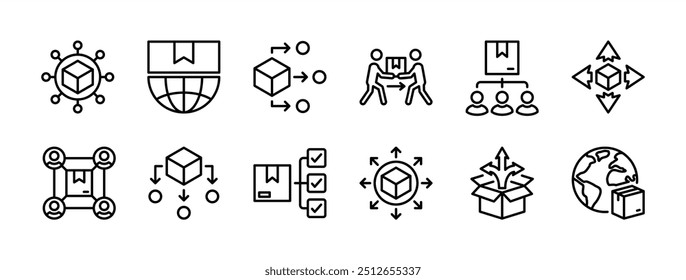 Package delivery distribution line icon set. Global shipping connection network business, shipment process management. Containing hierarchy, structure, mechanism, procedure. Vector illustration
