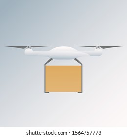 Package Delivery Drone. Concept illustration of a drone carrying a package. Unmanned drone with box of fragile cargo in realistic style design concept isolated vector illustration eps10
