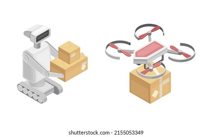 Drone de entrega de paquetes y robot, concepto de servicio de entrega rápida ilustración vectorial isométrica