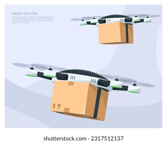 Dron de entrega de paquetes. Drones transportando paquetes en el aire. Arte de papel y artesanía en estilo 3d.