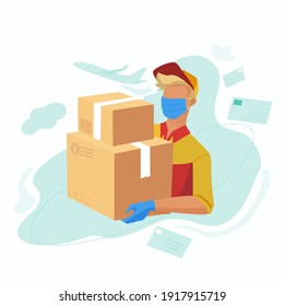 Package delivery during a pandemic. Postman wearing a mask and medical gloves. 
