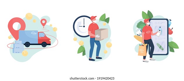 Package Delivery Flat Concept Vector Illustration Set. Mail Facility Providing Courier To Your Doorstep 2D Cartoon Characters For Web Design. Covid Safe Letter Delivery Creative Idea