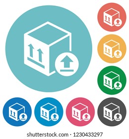 Package delivery flat white icons on round color backgrounds