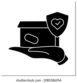 Package delivery glyph icon. Postal box handed on a palm, with stop covid molecule. Safe, fast courier service and express post delivery.Filled flat sign. Isolated silhouette vector illustration