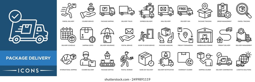 Icono de entrega del paquete. Entrega de paquetes, servicio de mensajería, envío de paquetes, entrega de camiones y entrega urgente