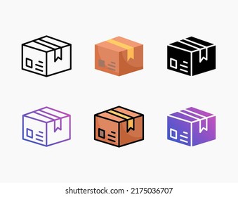 Package Delivery icon set with line, outline, flat, filled, glyph, color, gradient. Editable stroke and pixel perfect. Can be used for digital product, presentation, print design and more.