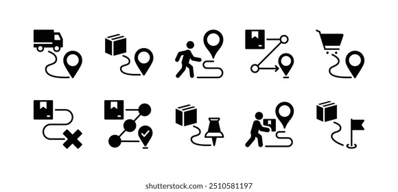 Package delivery location route flat icon vector set. Containing map pin, distance, direction, pointer, packet or parcel shipping, tracking, cargo truck, parcel, gift, list and shopping cart