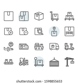 Package delivery and logistic related icon and symbol set in outline design
