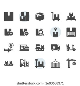 Package delivery and logistic related icon and symbol set in glyph design
