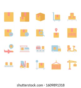 Package delivery and logistic related icon and symbol set in flat design