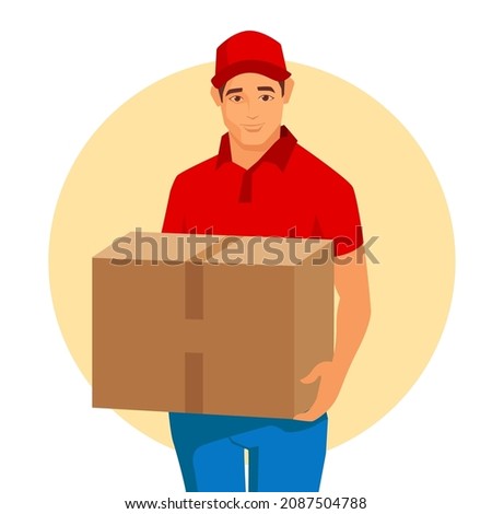 package Delivery man in red uniform holding cardboard box, Courier guy with parcel flat style vector illustration minimal Design