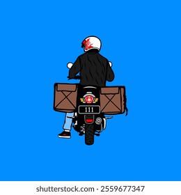 package delivery motorcycle rider rear view vector illustration