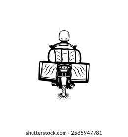 package delivery motorcycle rider seen behind traveling at high speed black and white line art