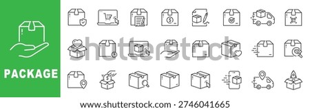 Package and delivery outline icon set featuring parcel box, shipping truck, tracking, secure packaging, logistics and ecommerce fulfillment vector design.
