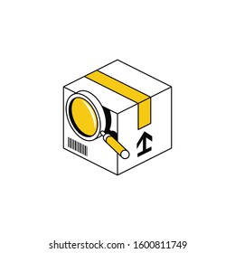 Package delivery parcel magnifier search. Vector line, 3d stroke isometric, color web icon, new flat style. Creative illustration design, abstract idea for infographics.