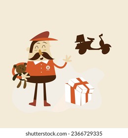 The package delivery person delivers a gift package containing a doll, delivers it by motorbike, while greeting him with a warm smile
