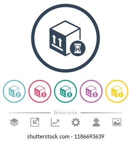 Package delivery in progress flat color icons in round outlines. 6 bonus icons included.