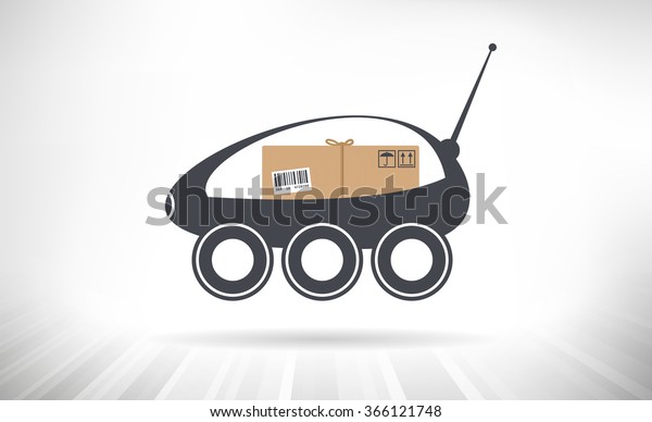 Package Delivery Robot.\
Concept illustration of a self-driving delivery robots carrying a\
package.