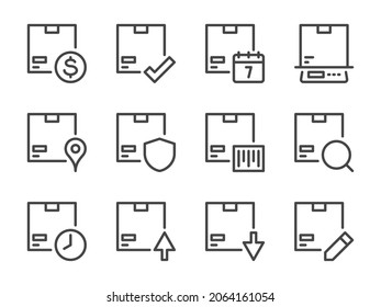 Iconos de línea de servicios de paquetes y entrega. Juego de iconos de contorno de vector de envío de caja y logística.