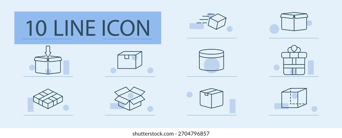 Icono de paquete y entrega. Iconos de línea con caja abierta, cinta, flecha, regalo, tarro, paquete, cubo, movimiento de envío, caja, contenedor redondo