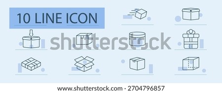 Package and delivery set icon. Line icons with open box, tape, arrow, gift, jar, parcel, cube, shipping motion, crate, round container