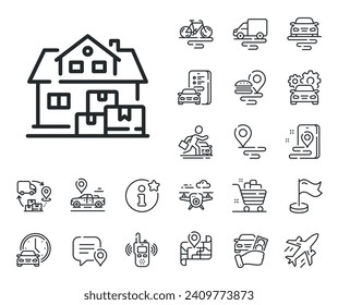 Package delivery sign. Plane, supply chain and place location outline icons. Home moving line icon. House storage symbol. Home moving line sign. Taxi transport, rent a bike icon. Travel map. Vector