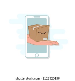 Package delivery from smartphone , online ordering, isolated, cute design