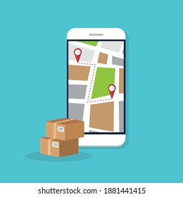 Paketzustellung per Handy oder Handy. Smartphone-Telefon mit Stadtplan auf Bildschirm und Pin-Zeiger Zielort mit Verpackungen, Versand Logistik.