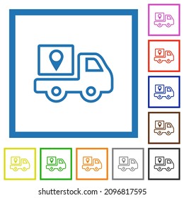 Package delivery tracking outline flat color icons in square frames on white background