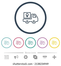 Package delivery tracking outline flat color icons in round outlines. 6 bonus icons included.