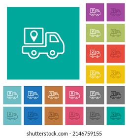 Package delivery tracking outline multi colored flat icons on plain square backgrounds. Included white and darker icon variations for hover or active effects.