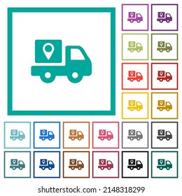 Package delivery tracking solid flat color icons with quadrant frames on white background