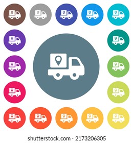 Package delivery tracking solid flat white icons on round color backgrounds. 17 background color variations are included.