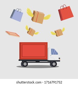 Package delivery vector concept with flying shopping bag & package boxes on the delivery truck in the white background