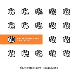 Package delivery vector line icons. Simple set of outline symbols, graphic design elements.