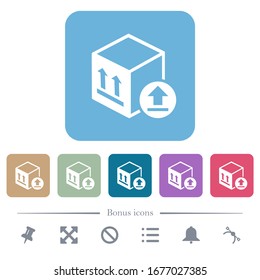Iconos planos blancos de entrega de paquetes en fondos cuadrados redondeados de color. 6 iconos de bonificación incluidos