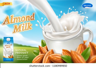 Package design for almond milk or vegan drink with milky splash at cup, carton pack and heap of nuts for packaging template. Beverage branding and dairy breakfast, meal advertising theme