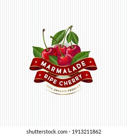 Package design for Cherry marmalade. Label with ripe cherries, leaves and silk ribbons. Premium product.