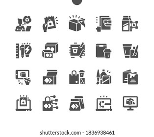 Package design. Creation of corporate identity. Designer. Mock ap. Creative thinking. Project creation. Vector Solid Icons. Simple Pictogram