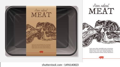 Package Design For Farm Fresh Meat Food, Pork, Ham, Beef Fillet With Typography And Sketch Hand Drawn Slice Of Jamon On Craft Paper Label Or Tag. Plastic Foam Butcher Container Realistic Vector Mockup