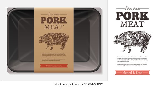 Package Design For Farm Fresh Meat Food, Pork, Ham, Fillet With Typography And Sketch Hand Drawn Pig Silhouette On Craft Paper Label Or Tag. Plastic Foam Butcher Container Realistic Vector Mockup