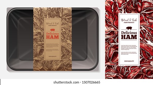 Package Design For Farm Fresh Meat Food, Pork, Ham, Beef Fillet With Typography And Sketch Hand Drawn Slice Of Jamon On Craft Paper Label Or Tag. Plastic Foam Butcher Container Realistic Vector Mockup