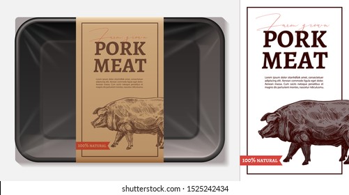 Package Design For Farm Fresh Meat Food, Pork, Ham, Fillet With Typography And Sketch Hand Drawn Pig On Craft Paper Label Or Tag. Plastic Foam Butcher Container Realistic Vector Mockup