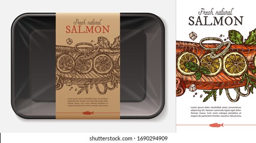 Package Design For Farm Fresh Meat Food, Pork, Ham, Beef Fillet With Typography And Sketch Hand Drawn Slice Of Jamon On Craft Paper Label Or Tag. Plastic Foam Butcher Container Realistic Vector Mockup