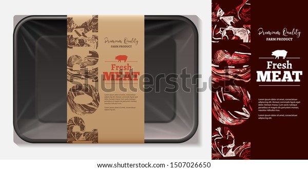 Package design for farm\
fresh meat food, pork, ham, fillet with stylish typography on craft\
paper label or tag. Plastic foam butcher container realistic vector\
mockup